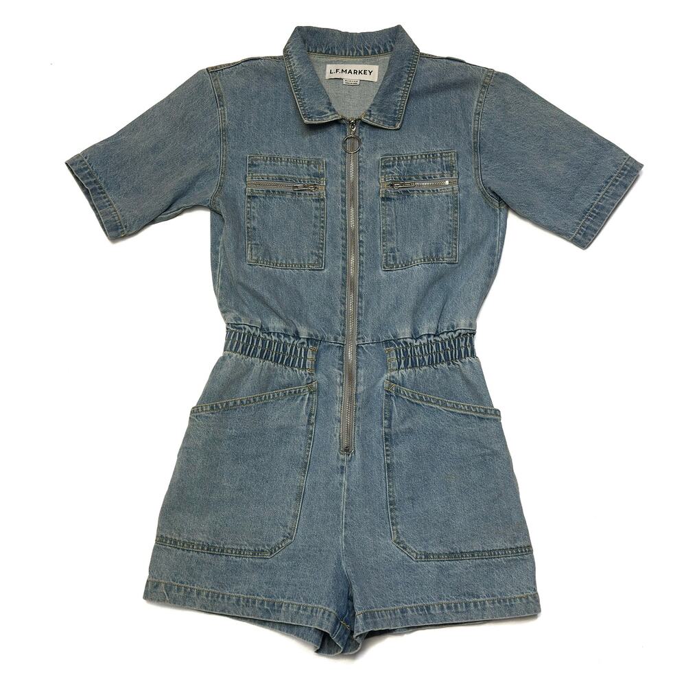L.F. Markey Danny Denim Playsuit Romper Mid Blue US 4 UK 8 Short Sleeve Zip